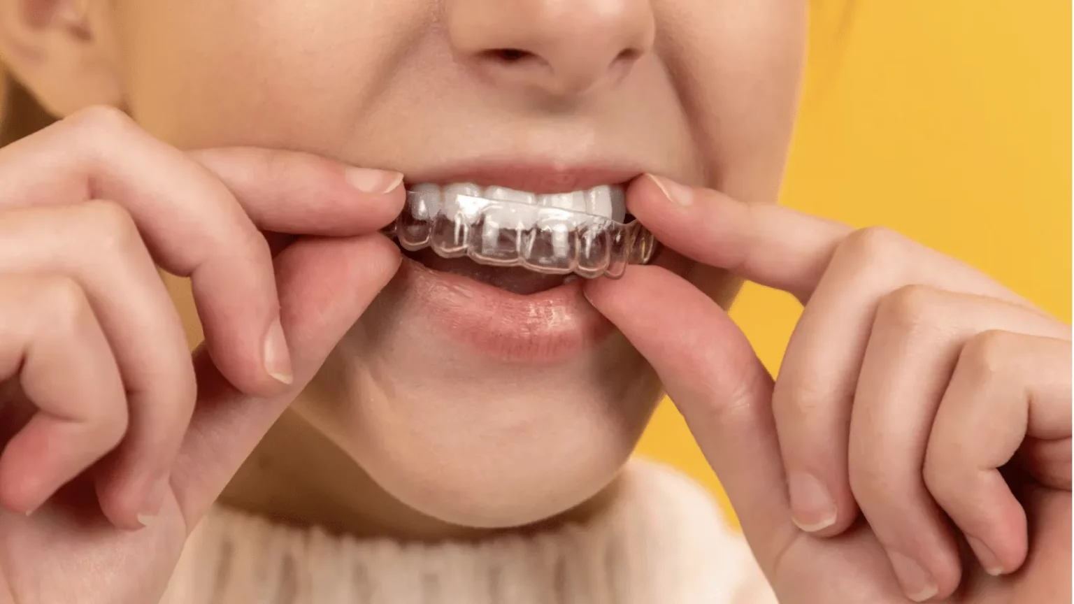 Girl putting on clear aligners